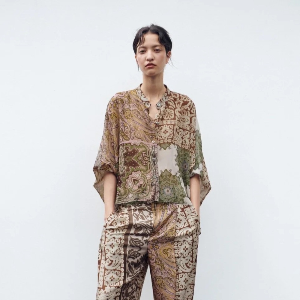 Zara Multicolor Paisley Button Down Shirt Cape Top Patchwork